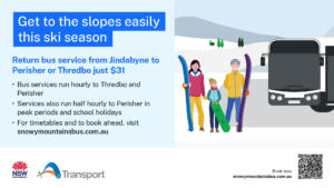 Advertisement banner: left blue panel with headline about getting to the slopes easily and bus services, right side shows a family with skis beside a large bus in a snowy landscape.