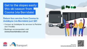 Advertisement banner for ski bus service; left side shows blue headline text, right side features a bus with three people holding skis in a snowy landscape.