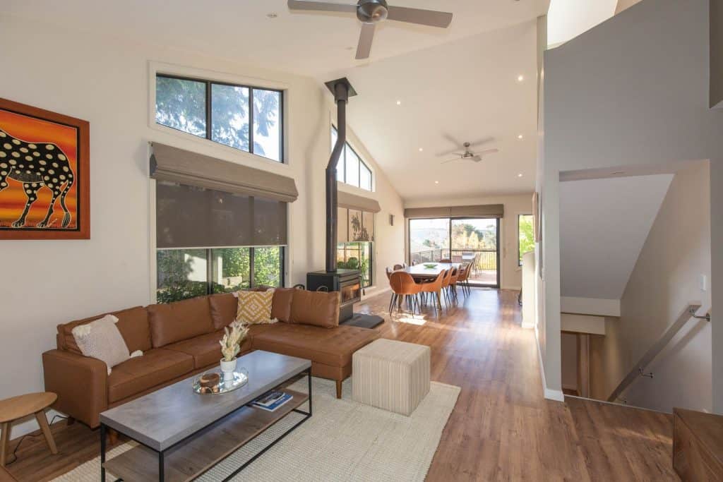 There is ducted heating and a cosy wood fire place for winter stays and ceiling fans for the warmer months.